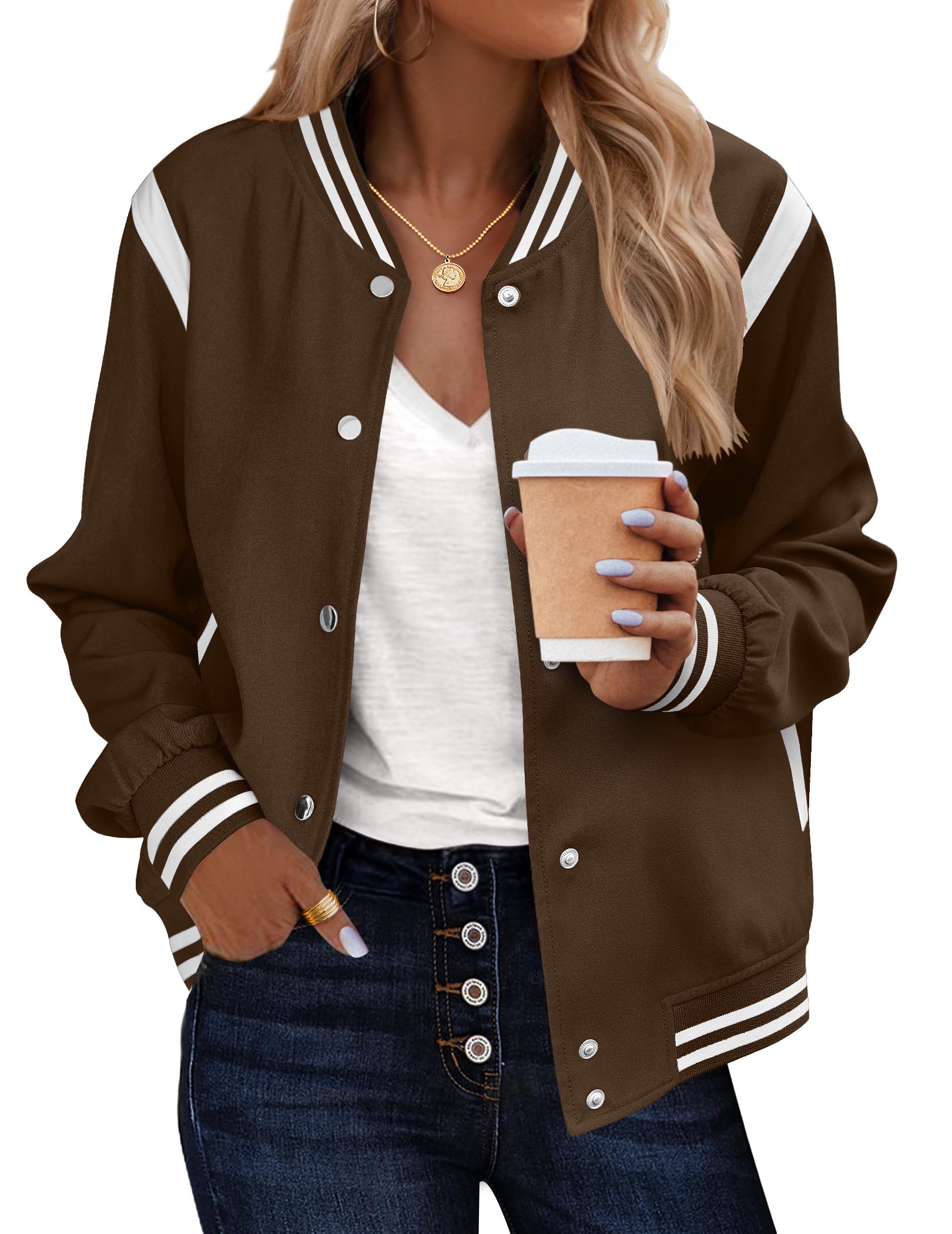 Photo 1 of Zeagoo Bomber Jacket Women Striped Button Down Varsity Jackets Casual Moto Fall Lightweight Shackets with Pockets Brown