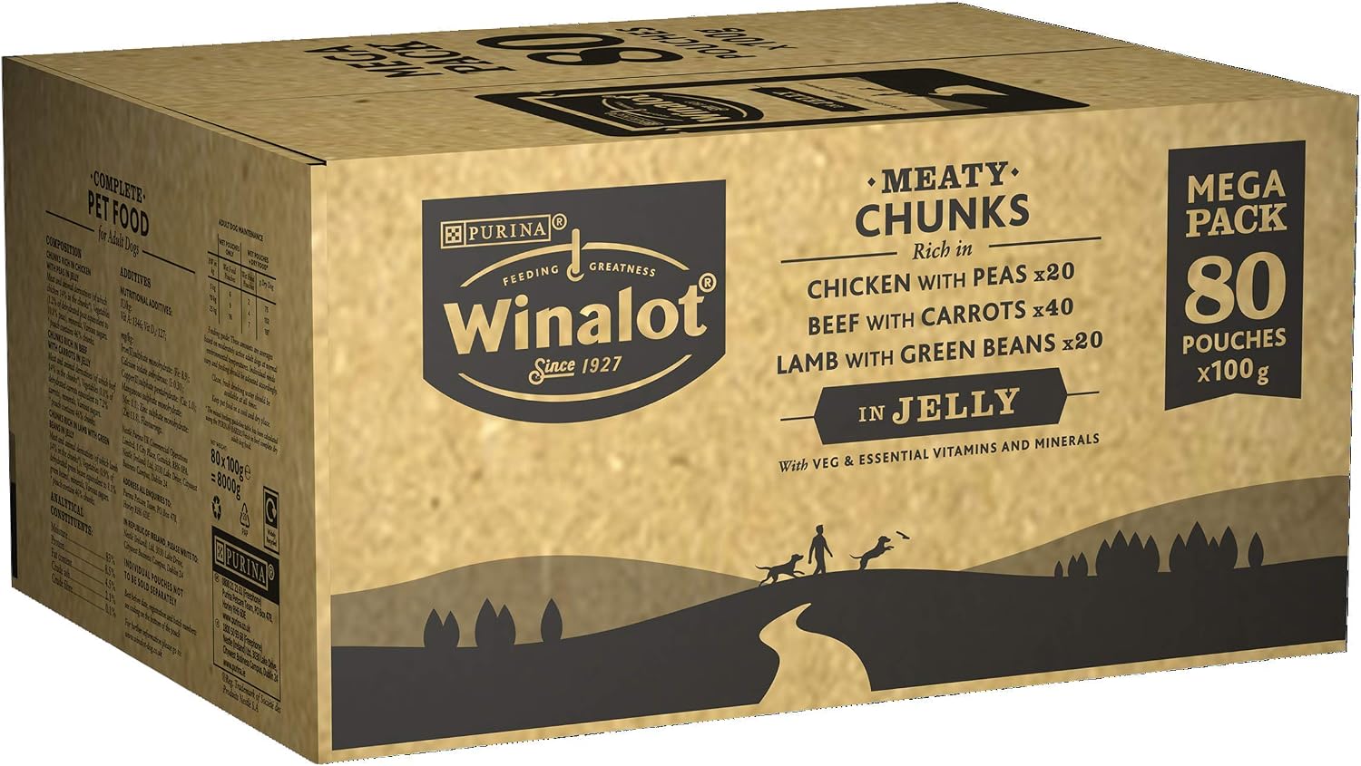 WINALOT Meaty Chunks Adult Wet Dog Food Mixed in Jelly Beef, Chicken, Lamb 80x100g Pouches, 100 g (Pack of 80)