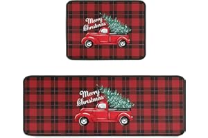 Fuoxowk Christmas Tree Truck Kitchen Mat and Rug Set-Buffalo Plaid Kitchen Rugs and Mats Non Skid Washable,Floor Cushion Waterproof Rug,Rubber Backed Area Rugs for Kitchen Sink,Indoor Floor,Red
