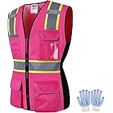 JKWEARSA Women Safety Vest, Multi Pockets High Visibility Reflective Breathable Mesh Work Vest For Lady, Durable Zipper
