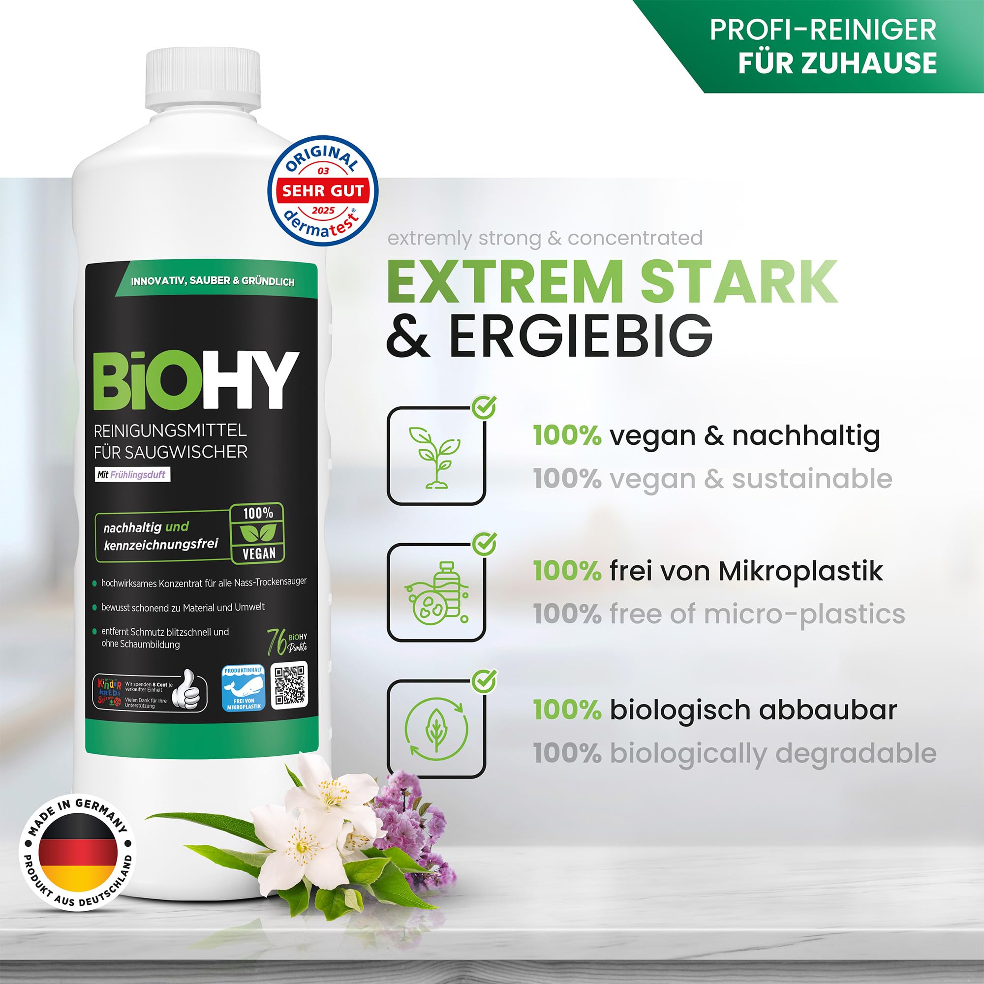BiOHY Reinigungsmittel für Saugwischer mit Frühlingsduft (1l Flasche) | 1:200 Konzentrat für alle Nass-Trockensauger & Waschsauger | Für Fliesen, PVC, Parkett, Laminat & Teppich | Schaumarm 2