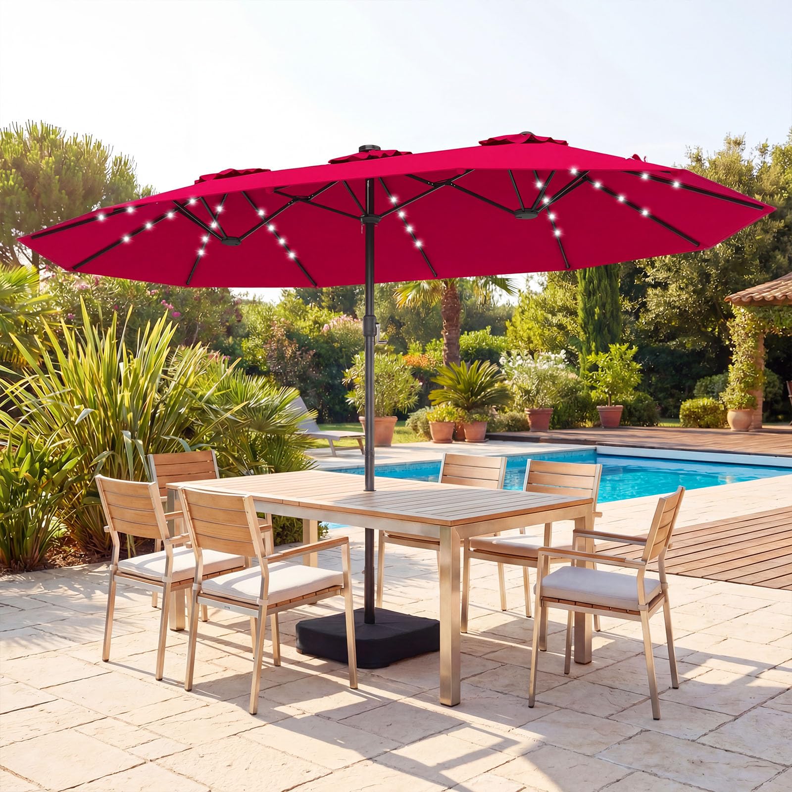 COSTWAY Doppelsonnenschirm mit Ständer und LED-Solar-Beleuchtung, 450 x 260 cm, Sonnenschirm Groß XXL, UPF 50+, Gartenschirm mit Kurbel, Terrassenschirm, Marktschirm für Garten, Terrasse (Rot) 9