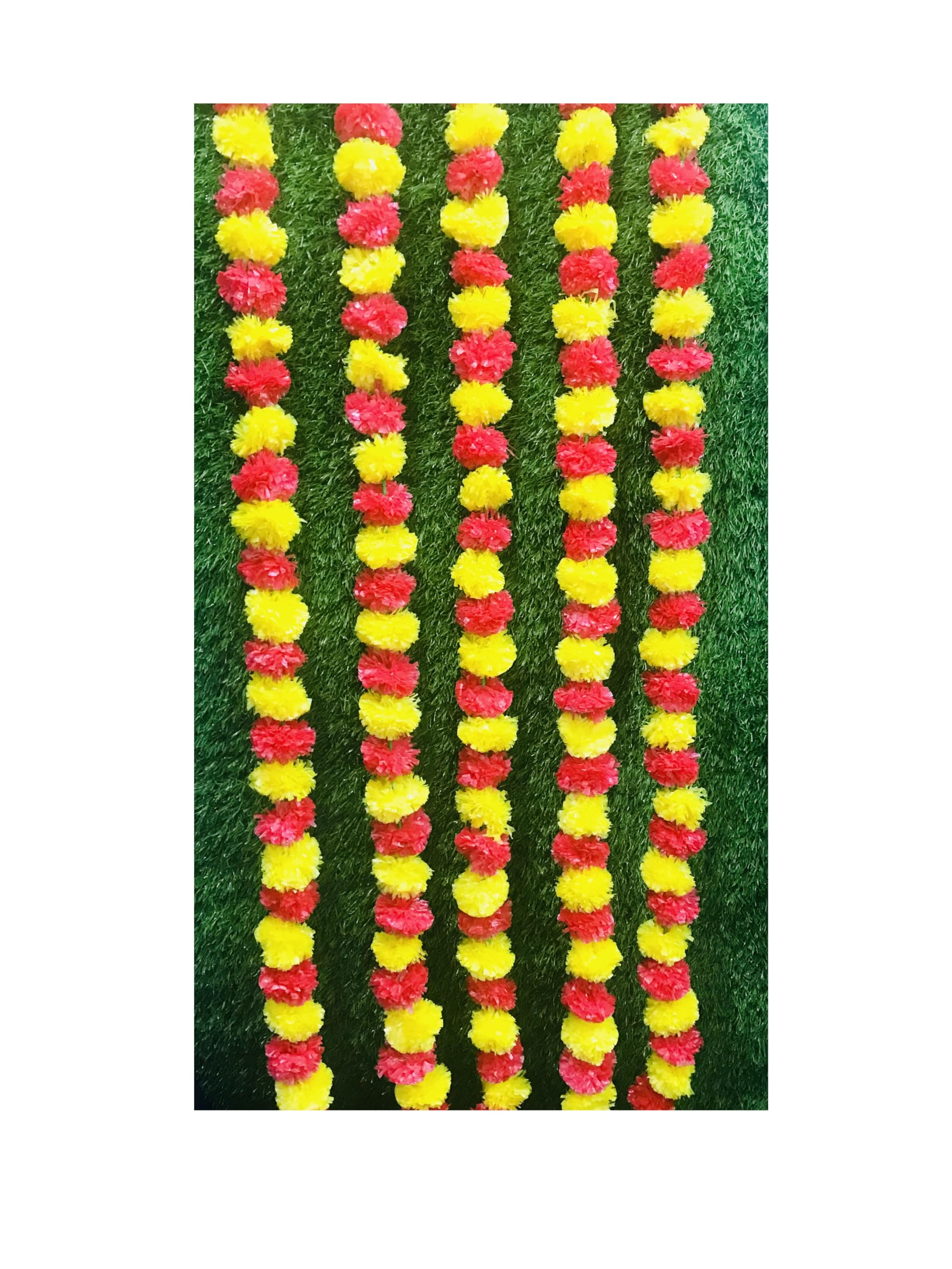 5 PC - 5 feet Marigold Garland |Indian/American Wedding Party Mantle Decoration, Faux Garlands Wedding Garland, Diwali Decoration, Spring Bush Floral! (Magenta and yellow)