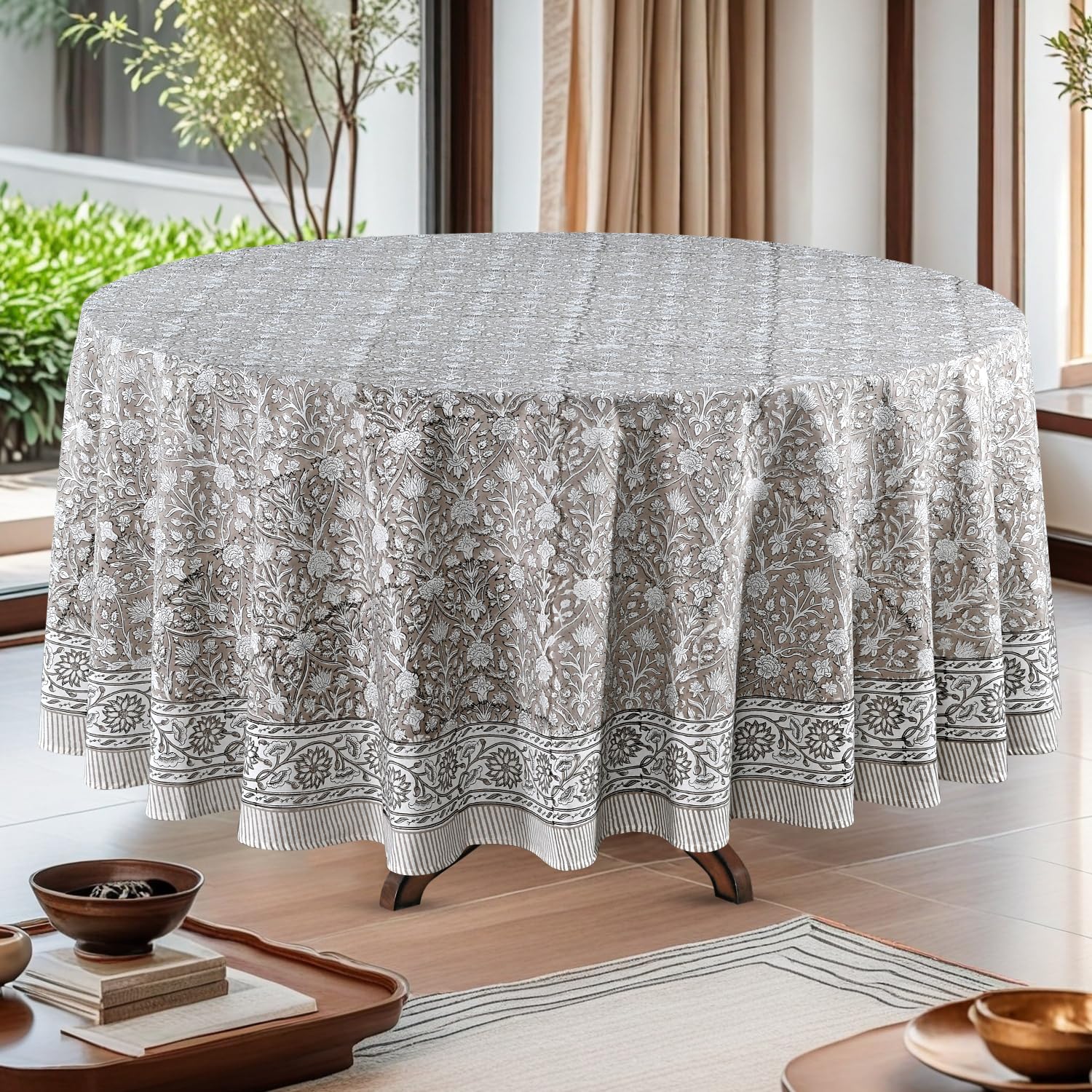 Ridhi Taupe 100% Cotton Round 110 Tablecloth Hand