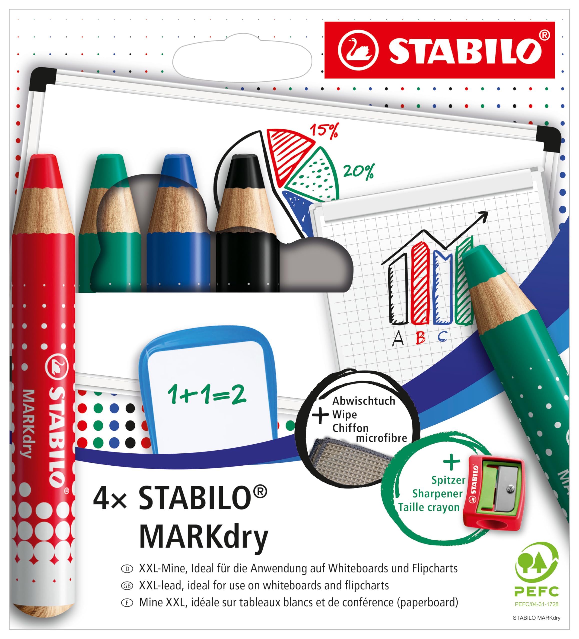 STABILO MARKdry - Whiteboard and Flipchart Marker Pencil - Pack of 4 - Assorted Colours with Sharpener and Wiping Cloth