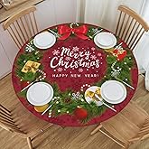 KUOAICY Merry Christmas Garland Round Fitted Tablecloth with Elastic Edged Decorative Kitchen Dining Table Cloth Cover Fits 45-50" Round Table (40-44)