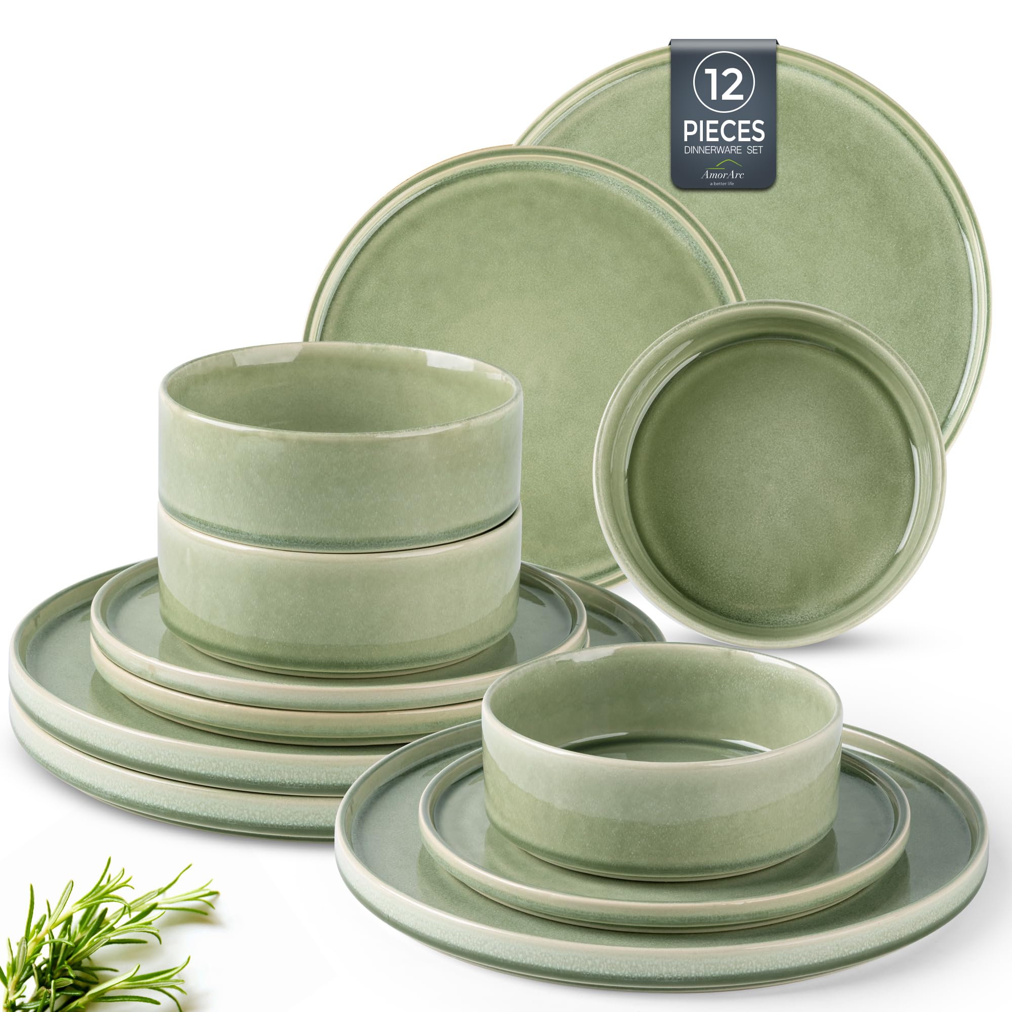 Photo 1 of AmorArc Ceramic Dinnerware Sets, Handmade Reactive Glaze Stoneware Plates and Bowls Sets,Highly Chip and Crack Resistant | Dishwasher & Microwave Safe Dishes Set, Service for 4 (12pc)
