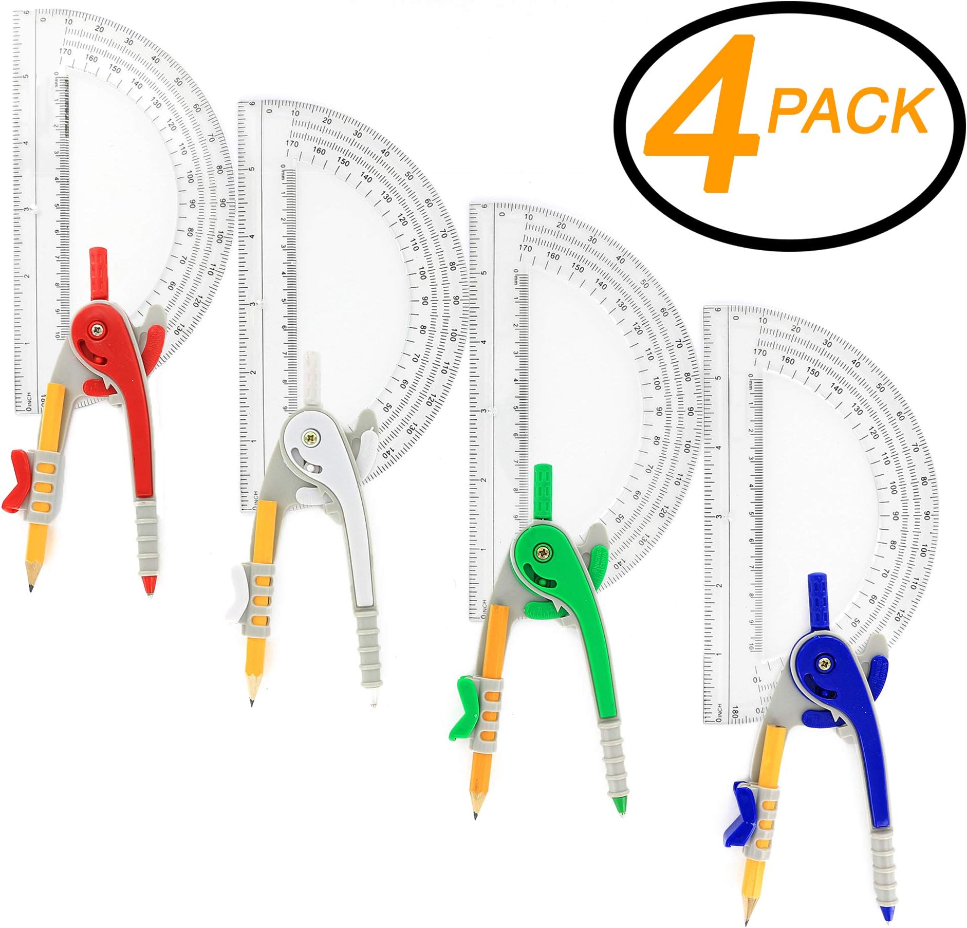 Emraw Coloerd (White, Blue, Red & Green) Scale-Arm Compass With #2 Wood Pencil & 6" Protractor Set Used for Math and Geometry - Great for School, Home & Office - (4-Pack)