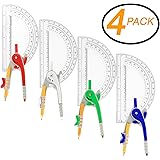 Emraw Coloerd (White, Blue, Red & Green) Scale-Arm Compass With #2 Wood Pencil & 6" Protractor Set Used for Math and Geometry - Great for School, Home & Office - (4-Pack)