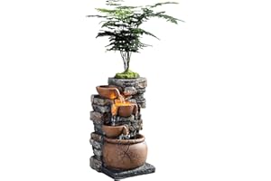 HAOBOS Indoor Fountain 4-Bowl Rockery Soothing Sound Tabletop Fountains Home/Office Decor with a Small Plastic Pot to Grow The Plant by Yourself(Automatic Watering)(23001)