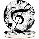 Black Music Notes Car Coasters for Women 2 Pack,Abstract Absorbent Car Coasters for Cup Holders Insert Ceramic Anti Slip with Finger Notch & Cork Base Auto Accessories Gifts