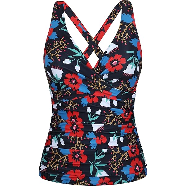 Women's D-Cup Blouson Tummy Hiding Tankini Swimsuit Top Adjustable Straps Lands