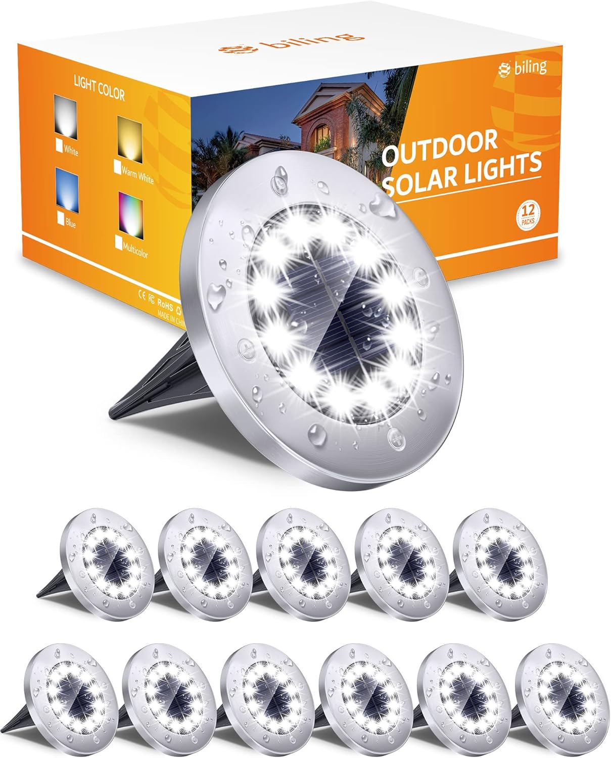 Lighting - Biling Solar Outdoor Lights 12 Pack, Bright 12 LEDs Solar Ground Lights Waterproof, Flat Pathway Lights Solar Powered for Yard Walkway Garden Driveway (White)