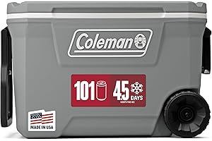 Coleman Classic Series 62-Qt Insulated Portable Cooler w/Heavy Duty Wheels, 58L Leak-Proof Wheeled Cooler w/ 101 Can Capacity