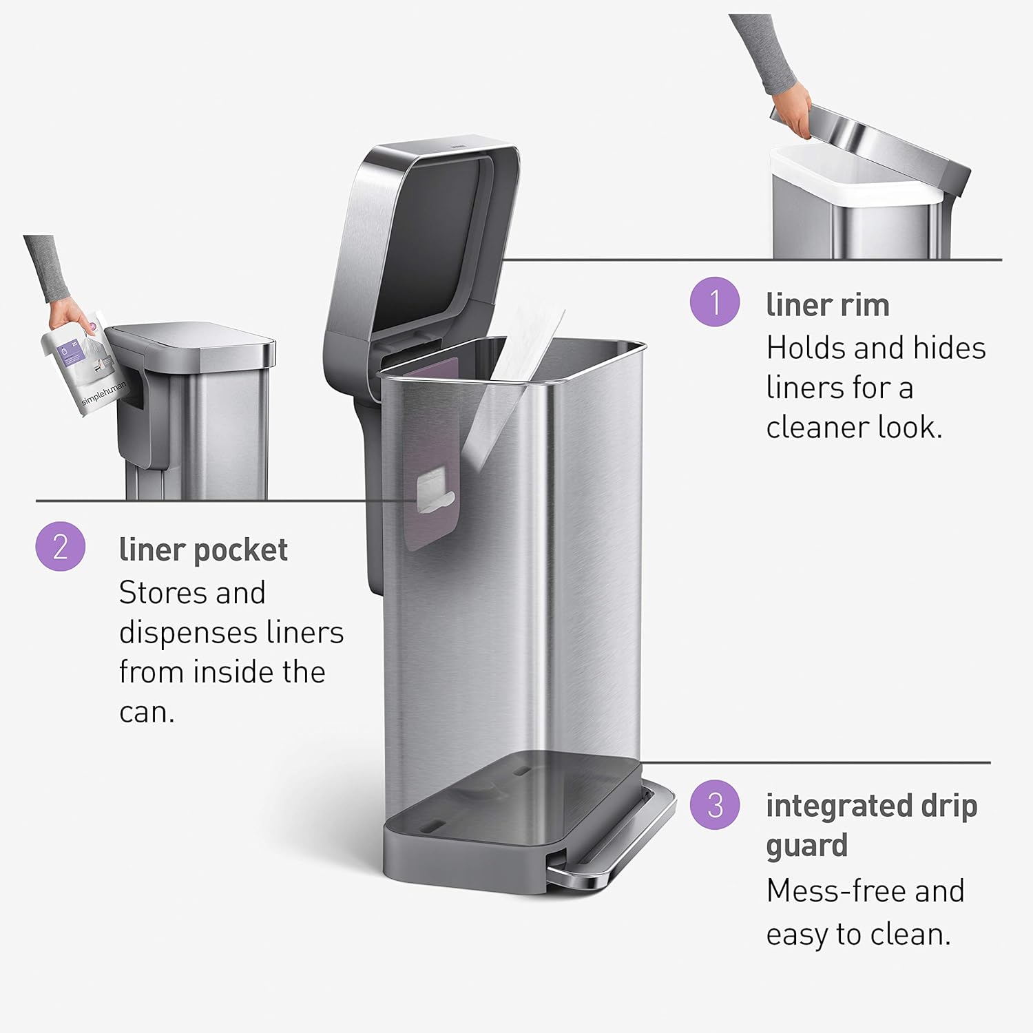 simplehuman 45 Liter Rectangular Hands-Free Kitchen Step Trash Can with Soft-Close, Brushed Stainless Steel with Plastic Lid: Home & Kitchen