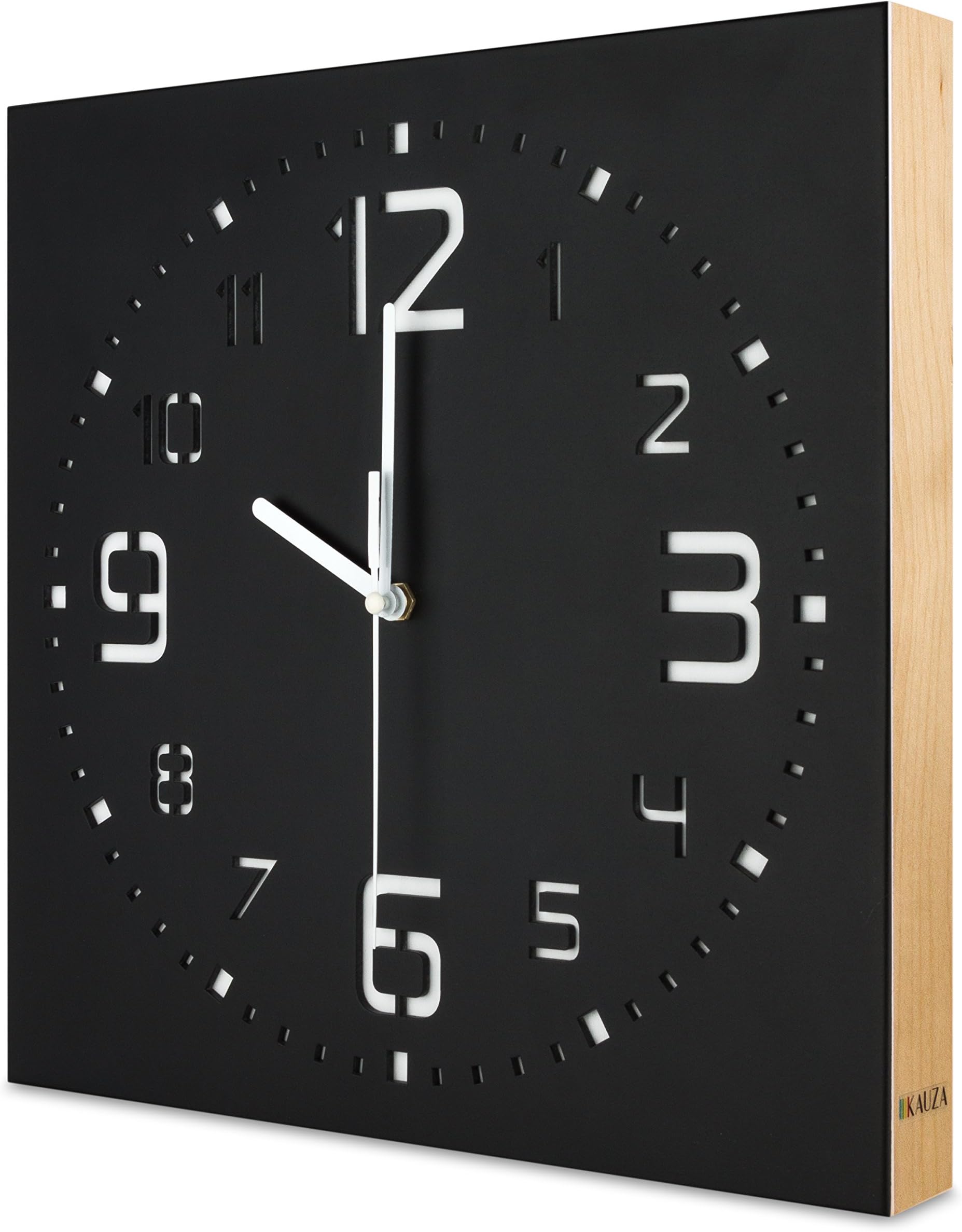 KAUZA Wall Clock by, Silent, Non-Ticking Quartz Movement, Wood Wall Clock with 3D Laser Cut Out in Matt Finish, Modern Design Numerals in 3D Wall Clock