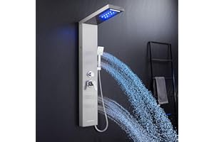 TSIBOMU Shower Panel Tower System with LED Lights, Stainless Steel 5 in 1 Shower Panel with Rainfall Waterfall Shower Head, Body Spray, Handheld Shower, Tub Spout (Brushed)