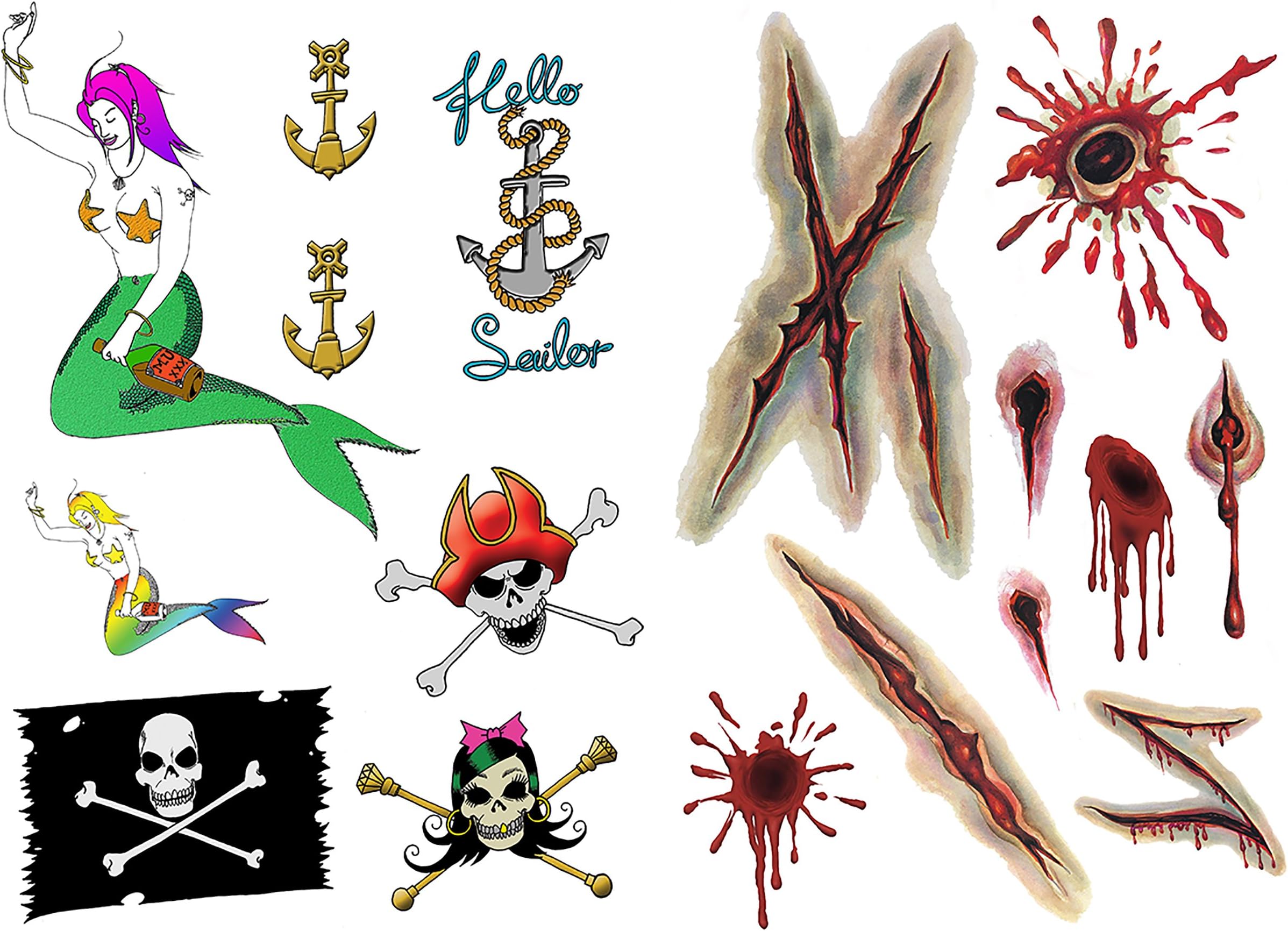 Halloween Zombie Pirate Sailor Nautical Theme Mermaid Anchor Skull Flag Hello Sailor Temporary Tattoos,Fancy Dress,Kids Party, Hen/Stag, Costume/Outfit Accessories