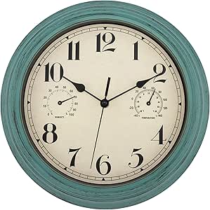 Foxtop Indoor Outdoor Waterproof Wall Clock with Thermometer and Hygrometer Combo, 12 inch Retro Silent Non-Ticking Battery Operated Quality Quartz Round Clock for Patio Home Living Room Decor (Green)