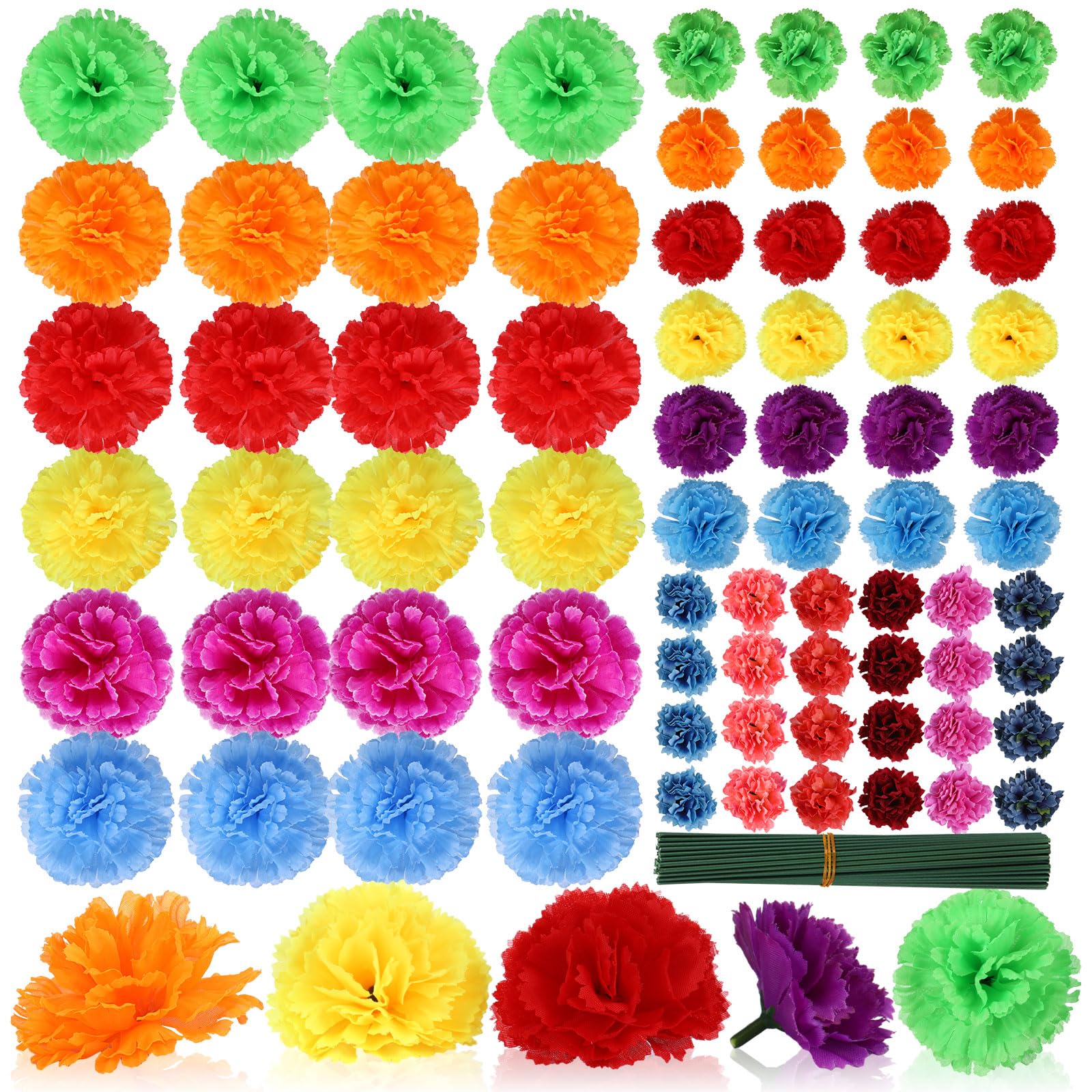 Photo 1 of Daifunli 216 Pcs Marigold Flower Heads Bulk Day of The Dead Multicolor 1.2'' 2'' 3.5'' Silk Mexican Marigold Flowers with Stems DIY Garland Craft Supplies for Party Home Decor (Bright Color)