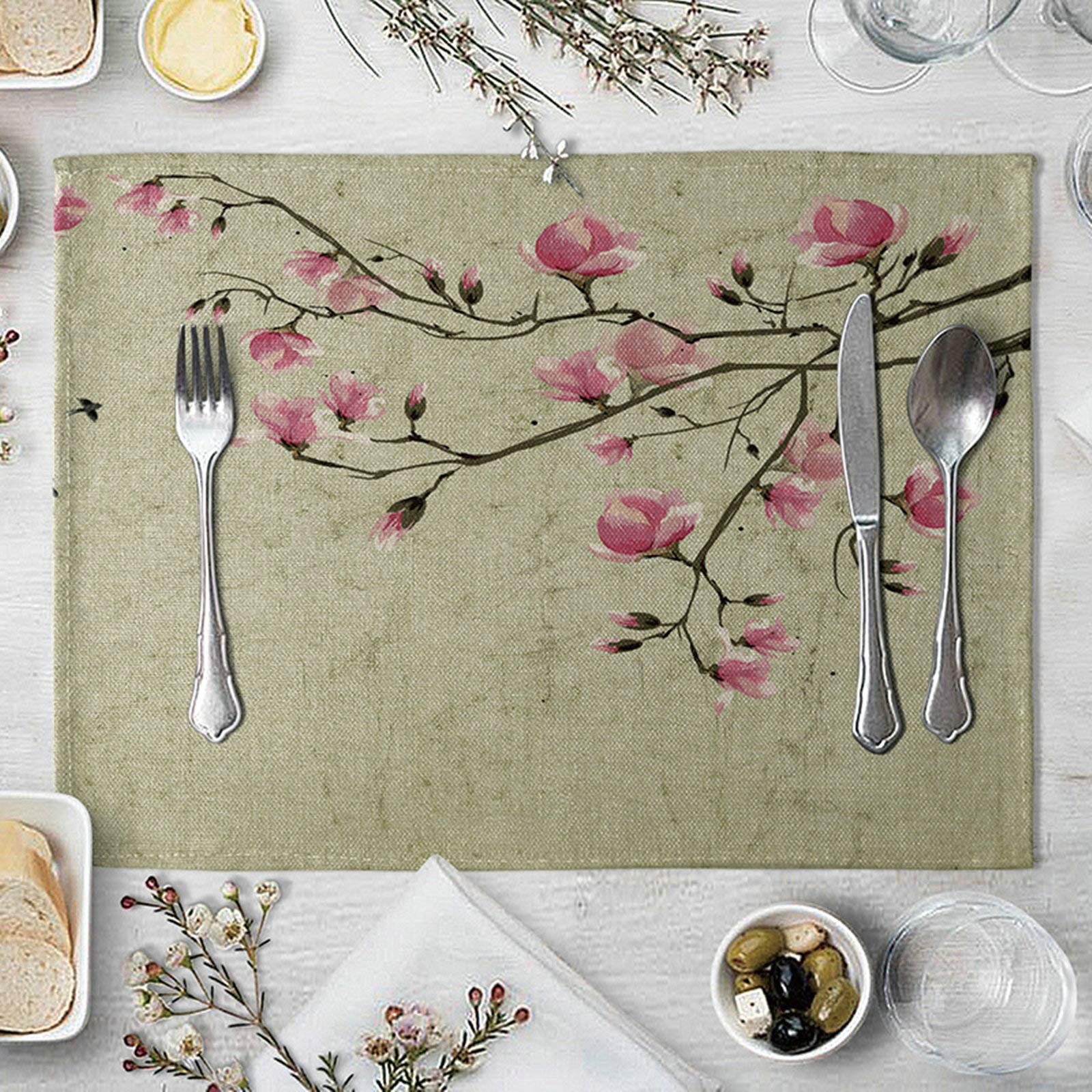 Daesar Dining Table Mats Set of 4, Placemats Linen Flower Branches Pink Grey Dining Placemats Modern 16x12 Inch
