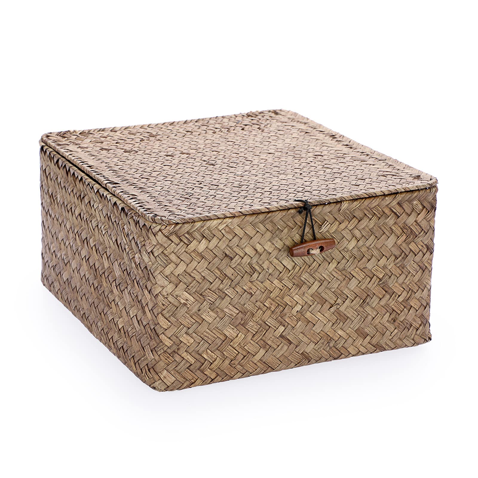 IGNPION Seagrass Storage Basket with Lid Woven Seagrass Desktop Baskets Square Bathroom Storage Organiser Box, Shelves & Desks Decorative Basket Multipurpose storage Hamper — image 1