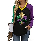 Mardi Gras Shirts for Women: Fat Tuesday Shirt V Neck Graphic Tshirt New Orleans Carnival Party Long Sleeve Tops