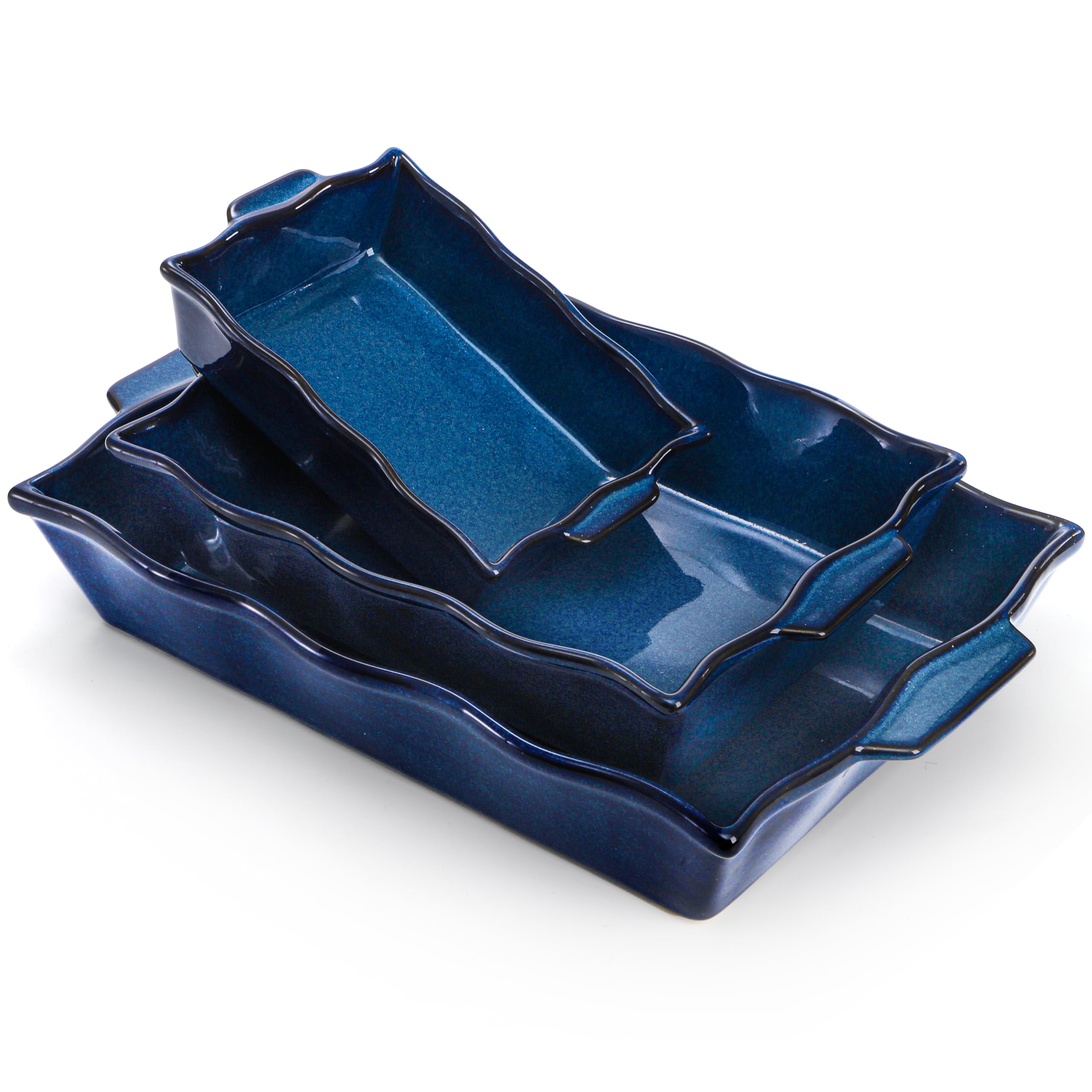 Photo 1 of Peohud 3 Pack Casserole Dishes for Oven, Ceramic Baking Dishes with Handles, Heavy Duty Rectangular Lasagna Pan, Porcelain Bakeware Sets for Cooking, Cake Dinner, Kitchen, Blue