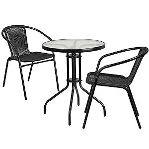 Flash Furniture 23.75'' Round Glass Metal Table with 2 Black Rattan Stack Chairs