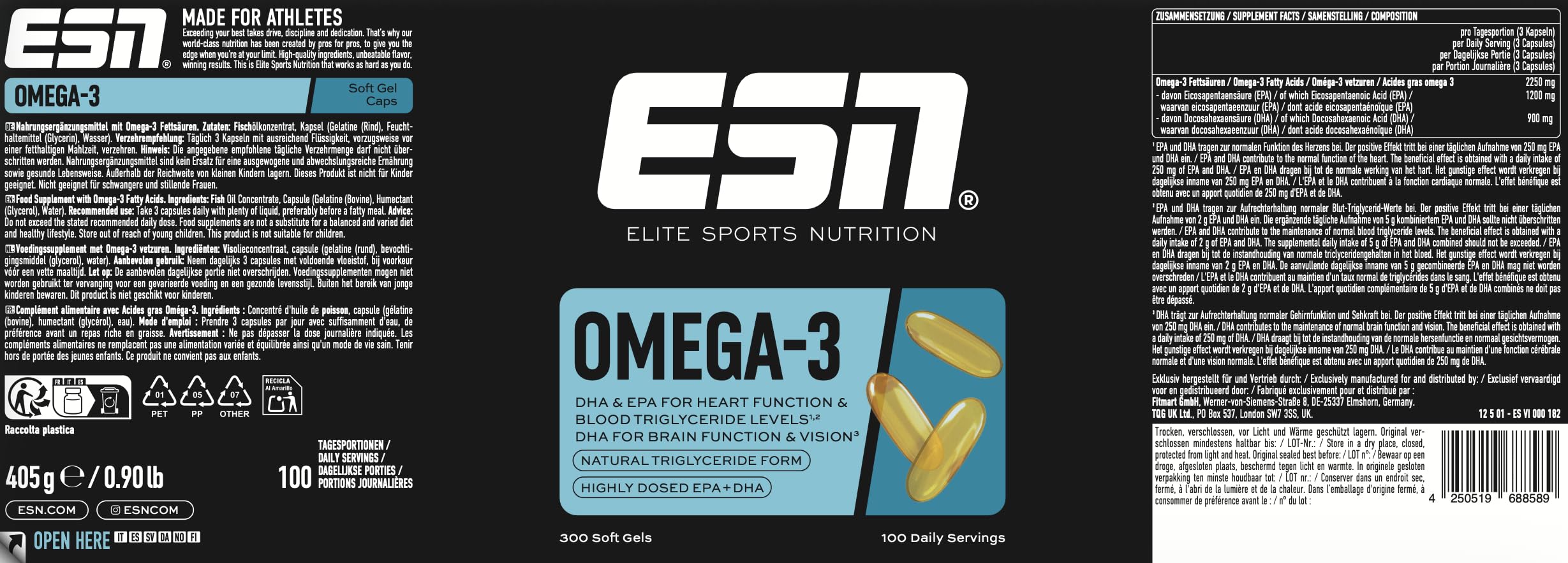 ESN Omega-3, 300 Kapseln, hochdosiert Fischöl mit 1200 mg EPA und 900 mg DHA pro Tagesportion 4