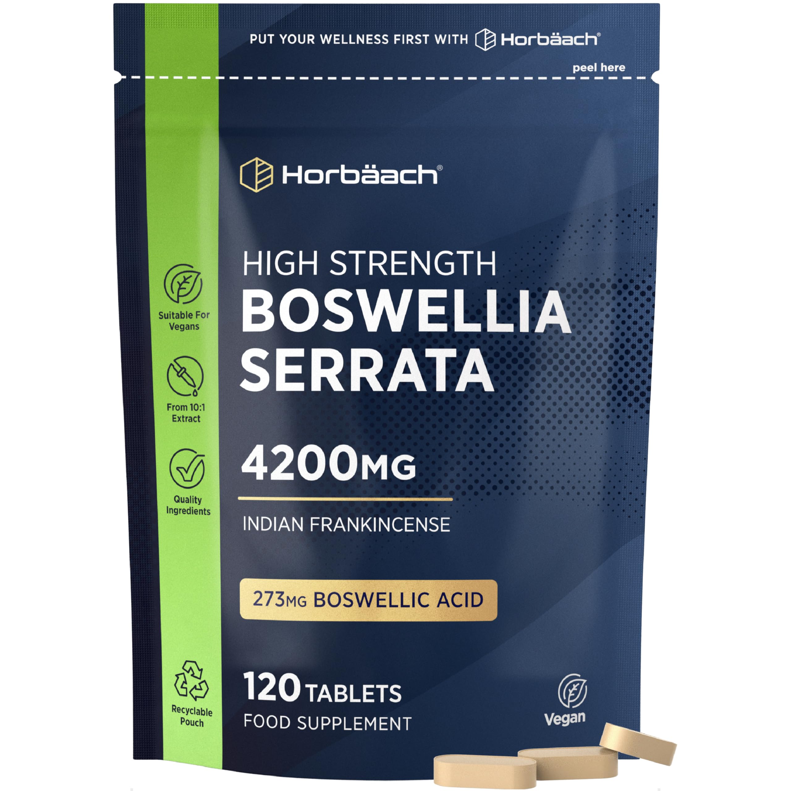 Boswellia Serrata Extract 4200mg | 273mg Boswellic Acid | 120 Vegan Tablets | Indian Frankincense Supplement | by Horbaach