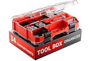 FLYVOLE [34 Compartments] Tool Box Organizer, Hardware Organizer, Small Parts Storage Organizer, Organizer Box with Removable Dividers, for Screws Nails Nuts Bolts (Red)