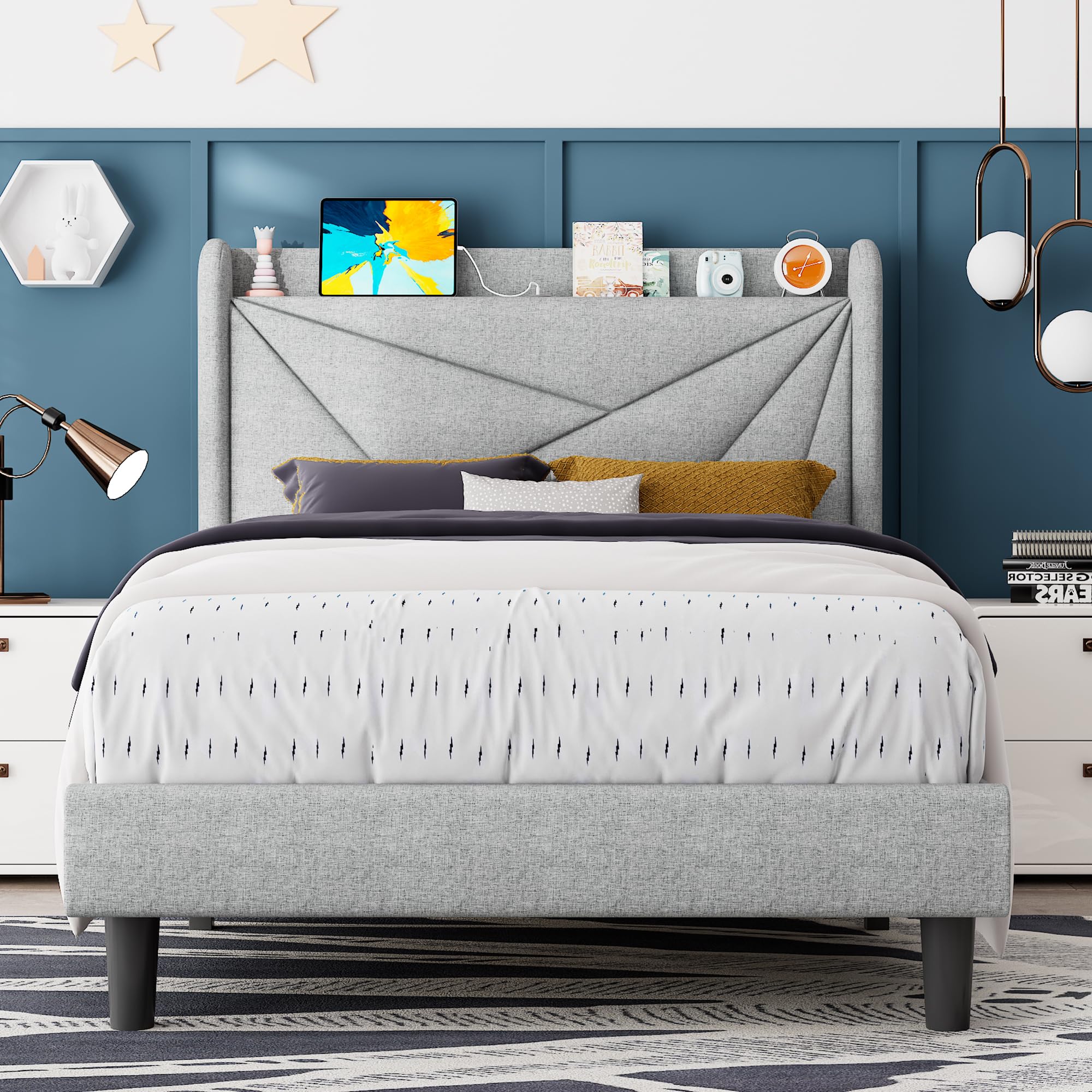 Photo 1 of ***USED, UNKNOWN MISSING HARDWARE ***Feonase Twin Size Bed Frame with Charging Station, Upholstered Linen Bedframe with Wingback Headboard, Solid Wood Slats Support, No Box Spring Needed, Noise Free, Beige