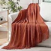 MIULEE Rust Knitted Throw Blanket for Couch Terracotta Boho Textured Cozy Woven Rustic Blanket with Tassels for Sofa Chair Bed Living Room Farmhouse Decor Acrylic Wave Pattern 50"x60"