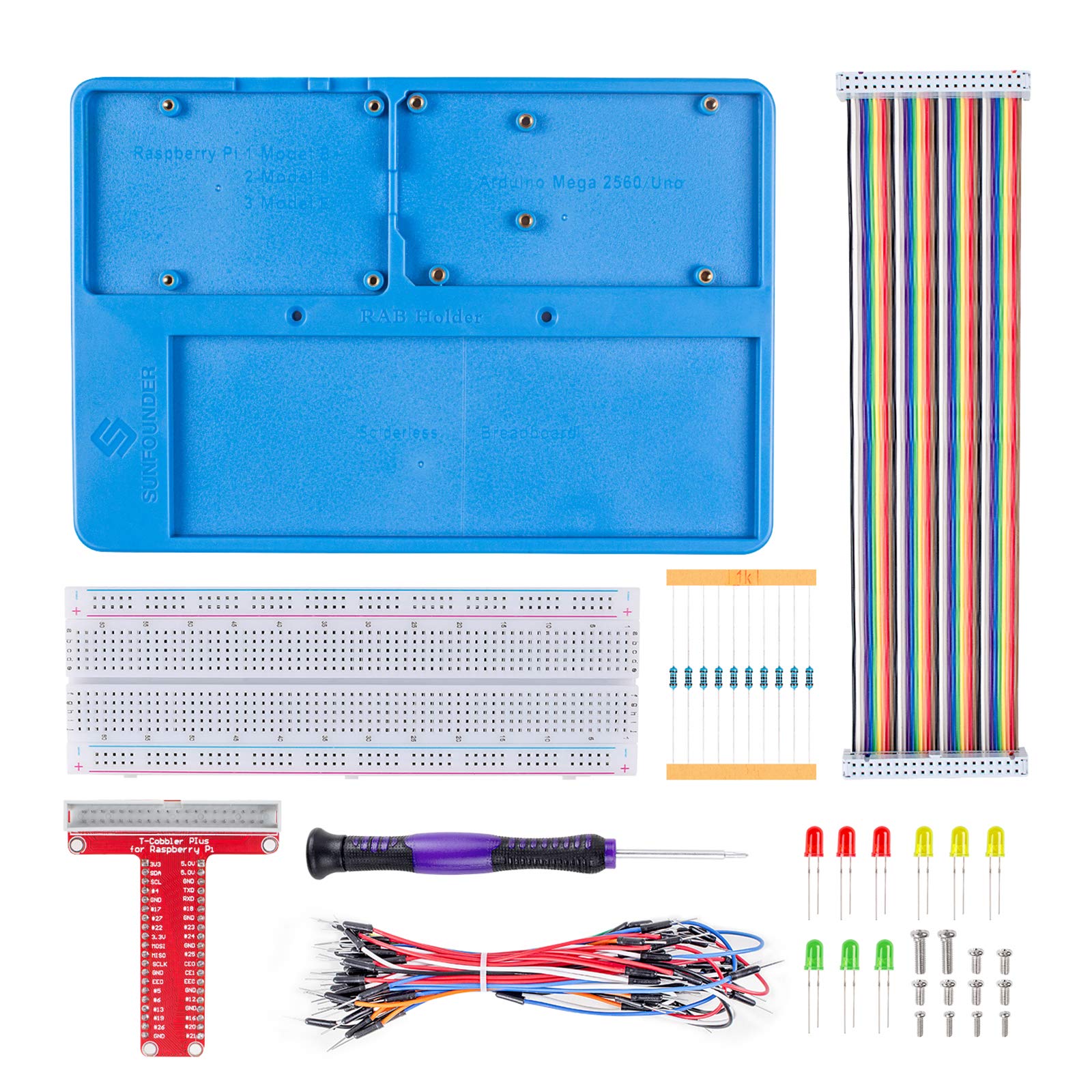 SunFounder Breadboard Kit RAB Holder, 830 Points Solderless Circuit Breadboard, Jumper Wires, LED, Resistors Compatible with Arduino R3 MEGA & Raspberry Pi 4B, 3B+ Model B, 2B and 1B+