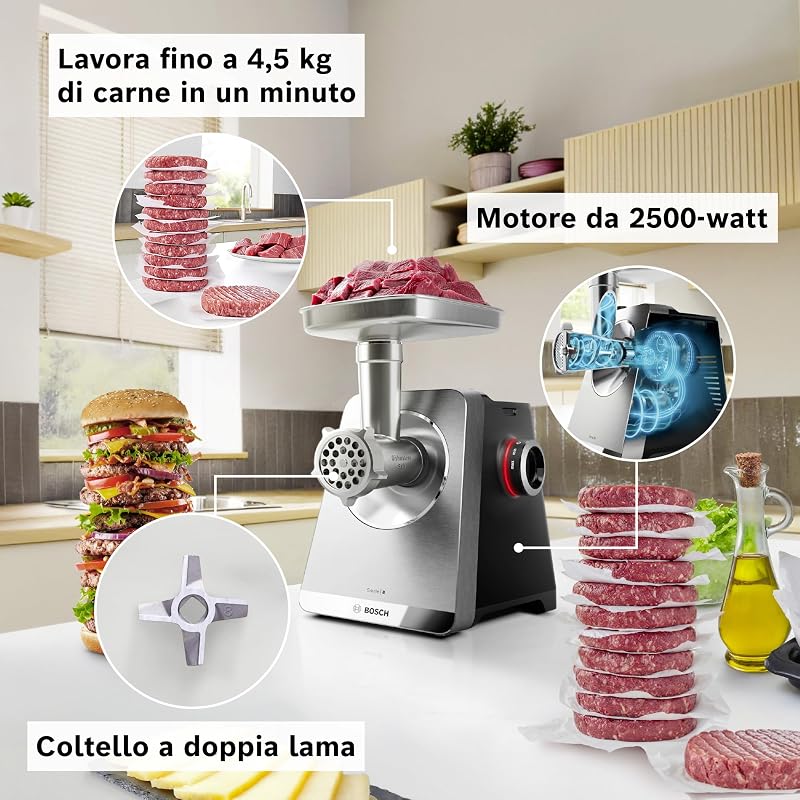 , Tritacarne MultiPower Serie 8, motore da 2500 watt, tritacarne, grattugia, accessorio per salsicce e kebbe, colore nero, MFWS840M