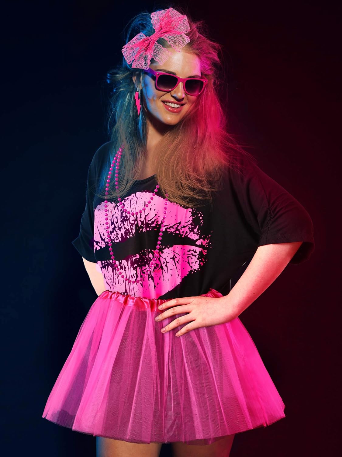 80s Costume Accessories Set T-Shirt Tutu Headband Earring Necklace Leg Warmers: Clothing