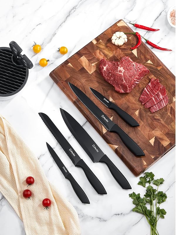 7 Pièces Set Couteau Cuisine en Acier Inoxydable, Bloc Couteaux Cuisine Verticale, Manche Confortable Ergonomique Ensemble de Couteau, Noir