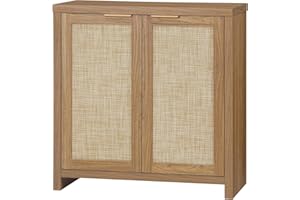 OAKHAM HOME Hampstead Storage Sideboard Cabinet with Rattan Doors, Buffet Kitchen Cabinet with Adjustable Shelves Accent Cabinet Cupboard Console for Living Room, Hallway. (Weathered Oak)