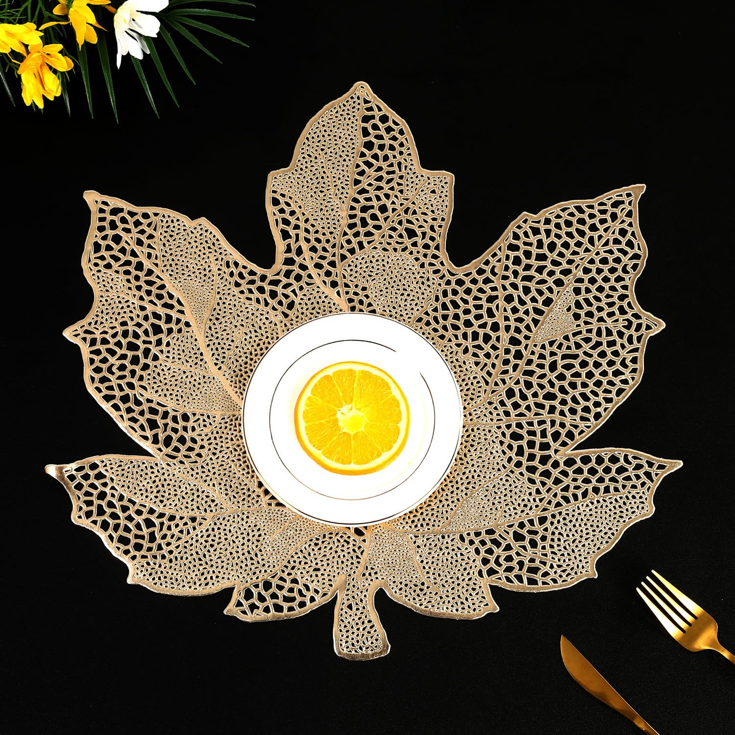 Hosoncovy 4 Pack PVC Maple Leaf Waterproof Oilproof Table Decorative Placemats Set of 4 for Home Table Wedding Party (Gold)