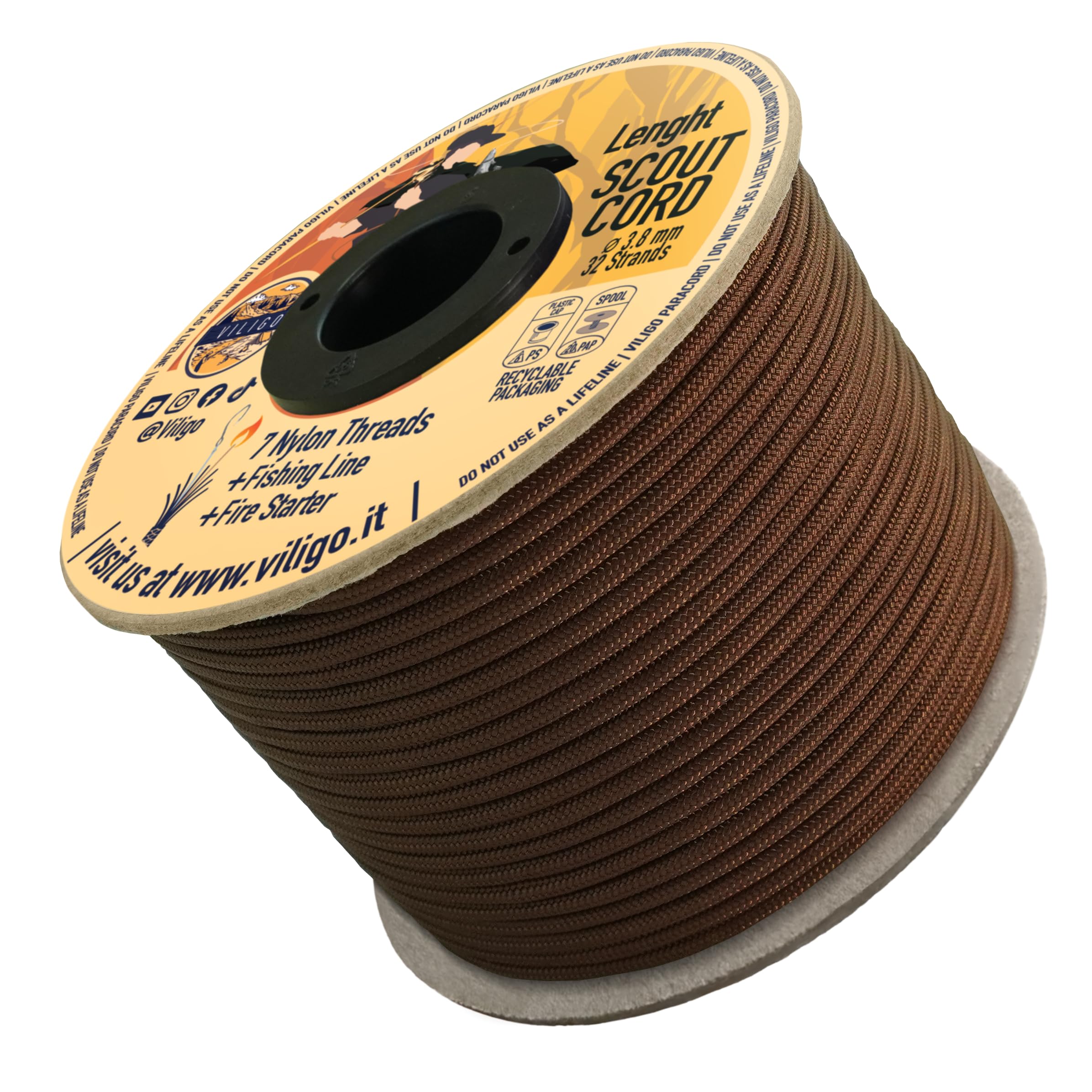 VILIGO Scout Cord - Nylon Braid (3.8mm) - Made of 7 Nylon Strands, 1 Line and 1 Jute String - Survival Rope for Camping and Outdoor Activities (15m, Woody)