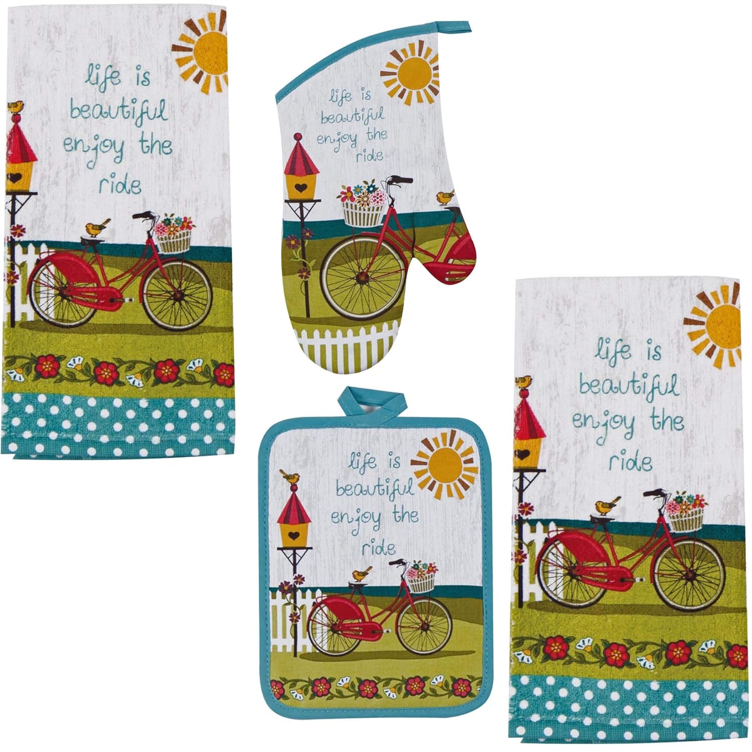 Kay Dee 4 Piece Kitchen Set - 2 Terry Towels, Oven Mitt, Potholder (Enjoy the Ride)