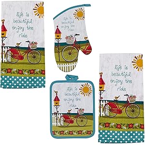 Kay Dee 4 Piece Kitchen Set - 2 Terry Towels, Oven Mitt, Potholder (Enjoy the Ride)