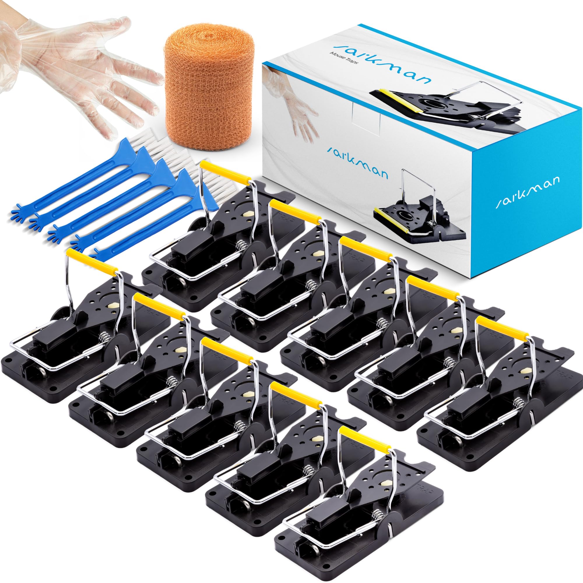 sarkman Mouse Traps - High Sensitivity Rodent Catchers for Quick Kill - Includes 5 Cleaning Brushes, 20 Pairs of Gloves & Copper Mesh - Reusable Snap Traps for Indoor & Outdoor Use | Pack of 10