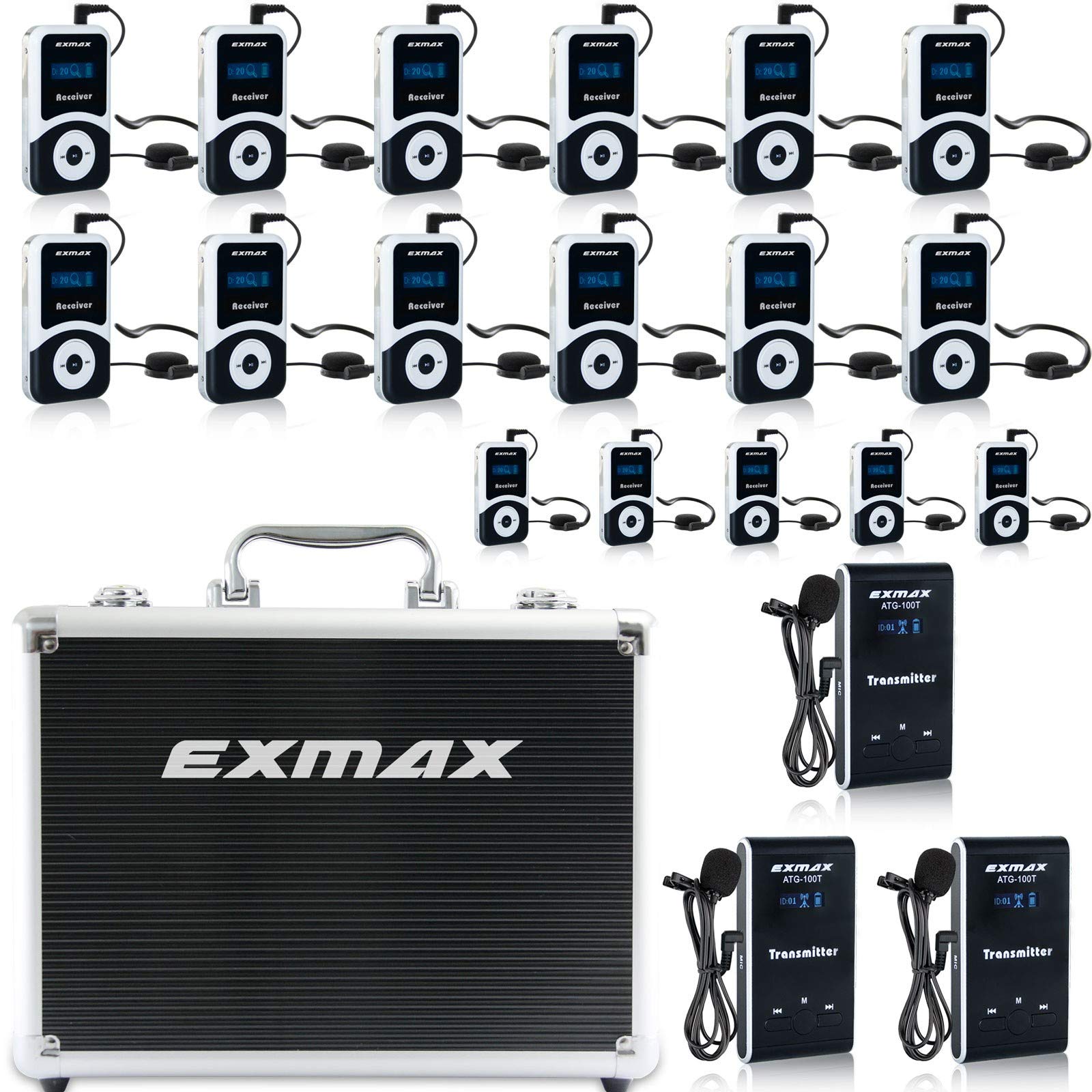 EXMAX ATG-100T 195MHz Wireless Tour Guide System Audio Voice Transmission with Carrying Case(NOT Charging Case),for Teaching,Conference,Tour Guides (3 Transmitters and 17 Receivers w/Black Case)