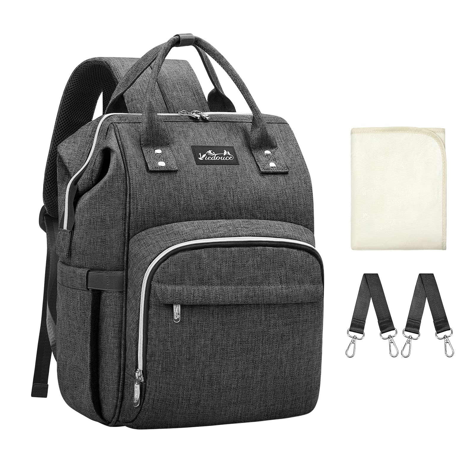 Viedouce Baby Changing Bag, Baby Diaper Bag Nappy Backpack, Maternity Bags with 1 Pcs Diaper Changing Pad and 2 Stroller Straps, Waterproof, Large Capacity for Mom and Dad (Dark Grey)