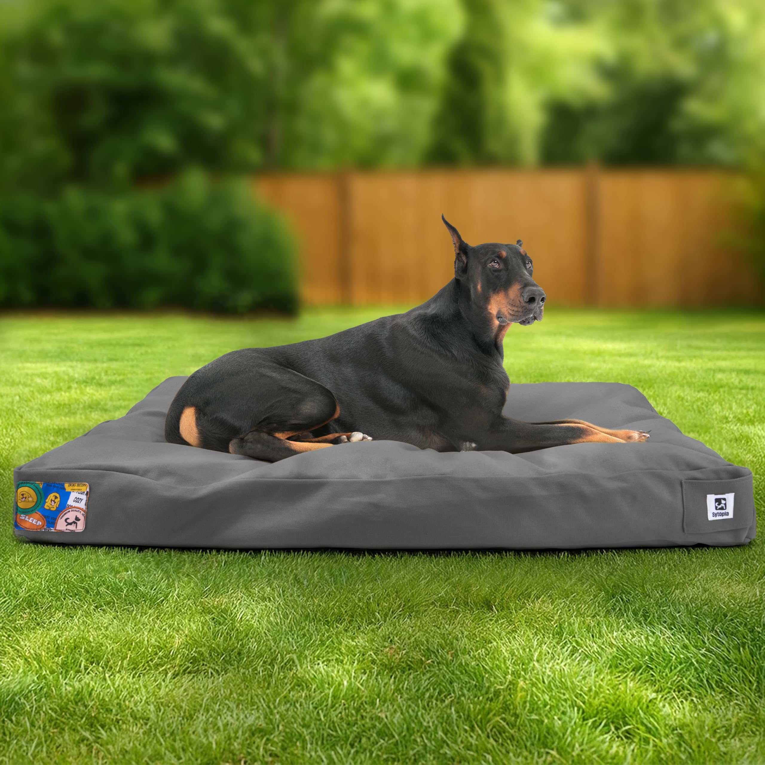Photo 1 of Sytopia 42-Inch Canvas Outdoor Dog Bed, Washable & Waterproof with Chew-Resistant Removable Cover, Ideal for Extra Large Dogs for Indoor, Outdoor, Crate, or Patio Use (Dark Grey)