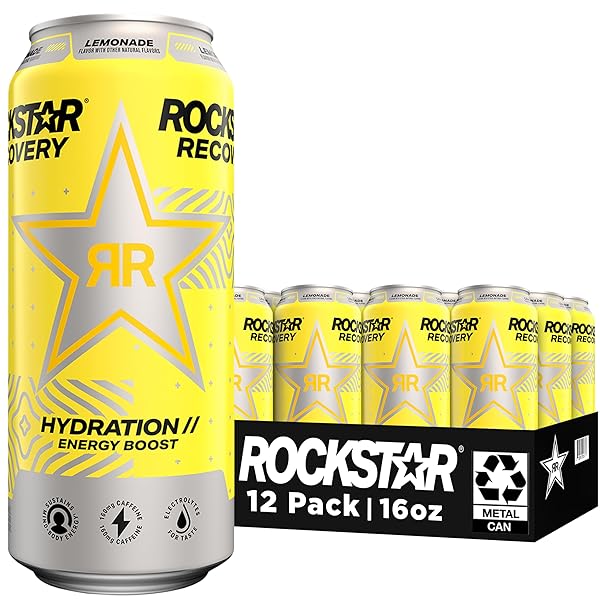 ROCKSTAR ENERGY DRINK WITH CAFFEINE TAURINE AND ELECTROLYTES, RECOVERY LEMONADE, 16OZ (12 PACK) (PACKAGING MAY VARY)