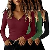 Ficerd 3 Pack Women's Long Sleeve T Shirts Cotton V Neck Slim Fit Tops Ribbed Knit Layering Casual Basic Tees Fall