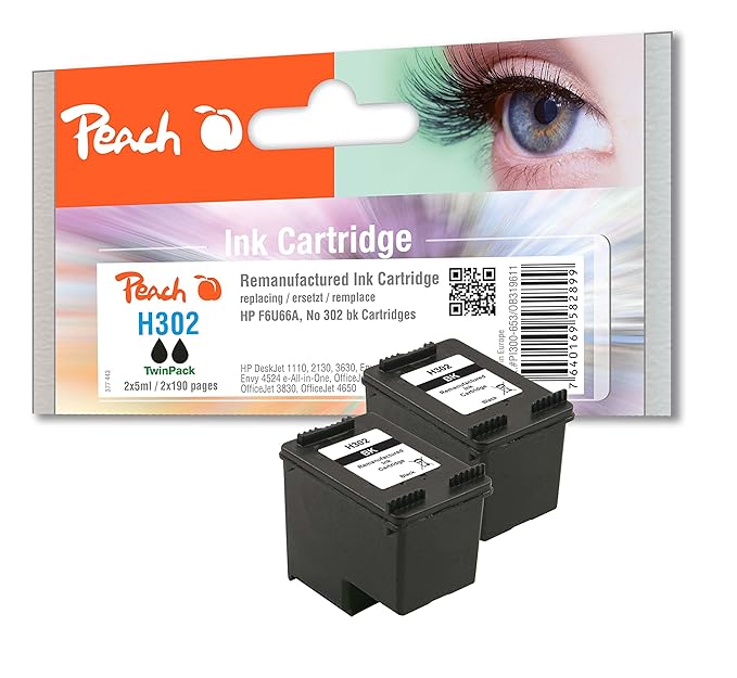 Peach Doppelpack Druckköpfe schwarz kompatibel zu HP No. 302, F6U66A